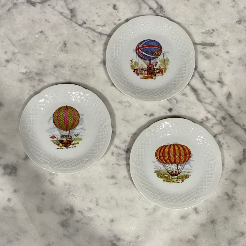 French Limoges Cocktail Plates - Hand Painted Whimsical Hot Air Balloons